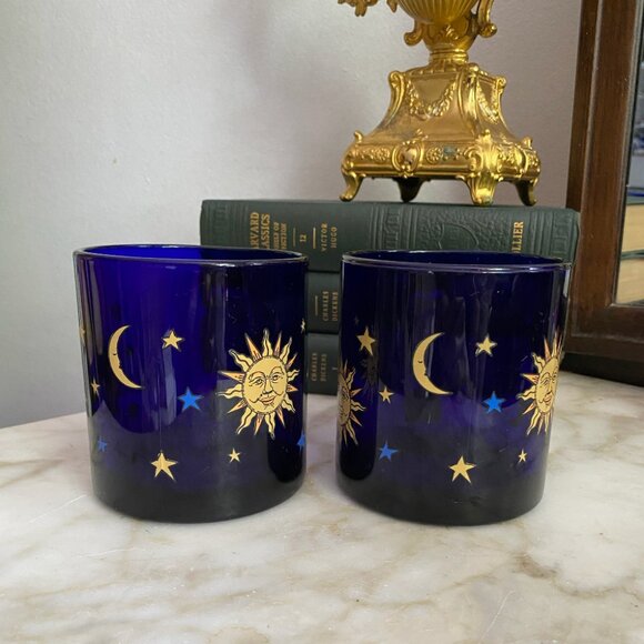 Vintage 90s Whimsigoth Libbey Celestial Sun Moon Stars Cobalt Blue Glass 2 Mugs - Picture 2 of 4